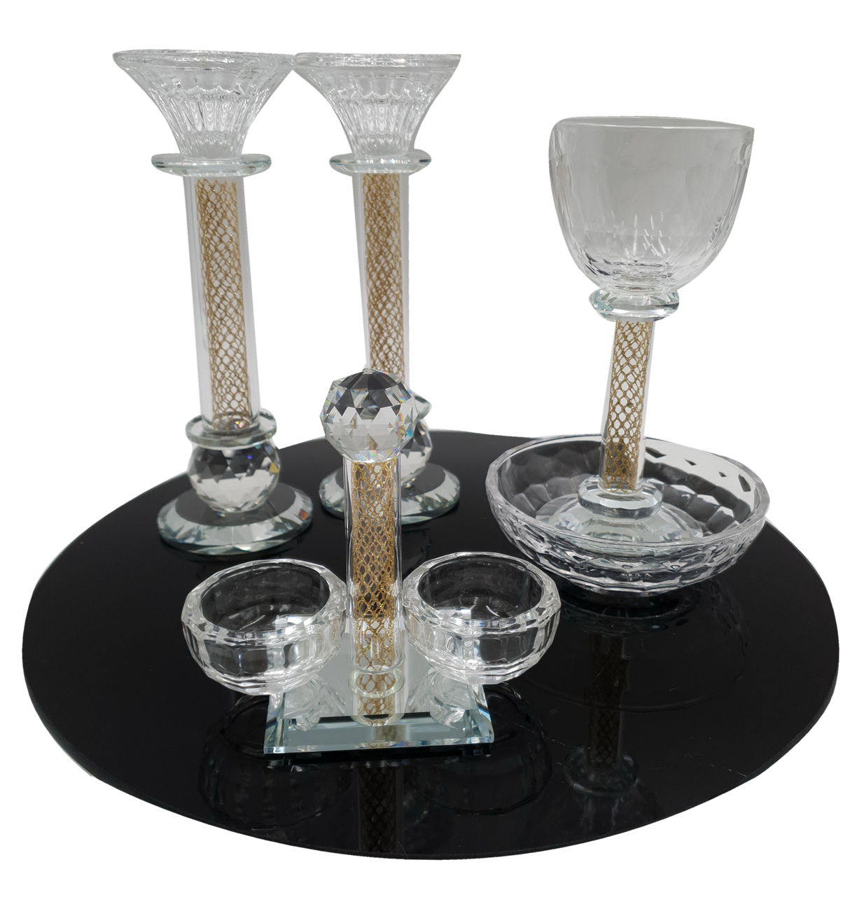 Set Of Crystal Candle Holder with Kiddush Cup and Salt Holder - LEHADAR