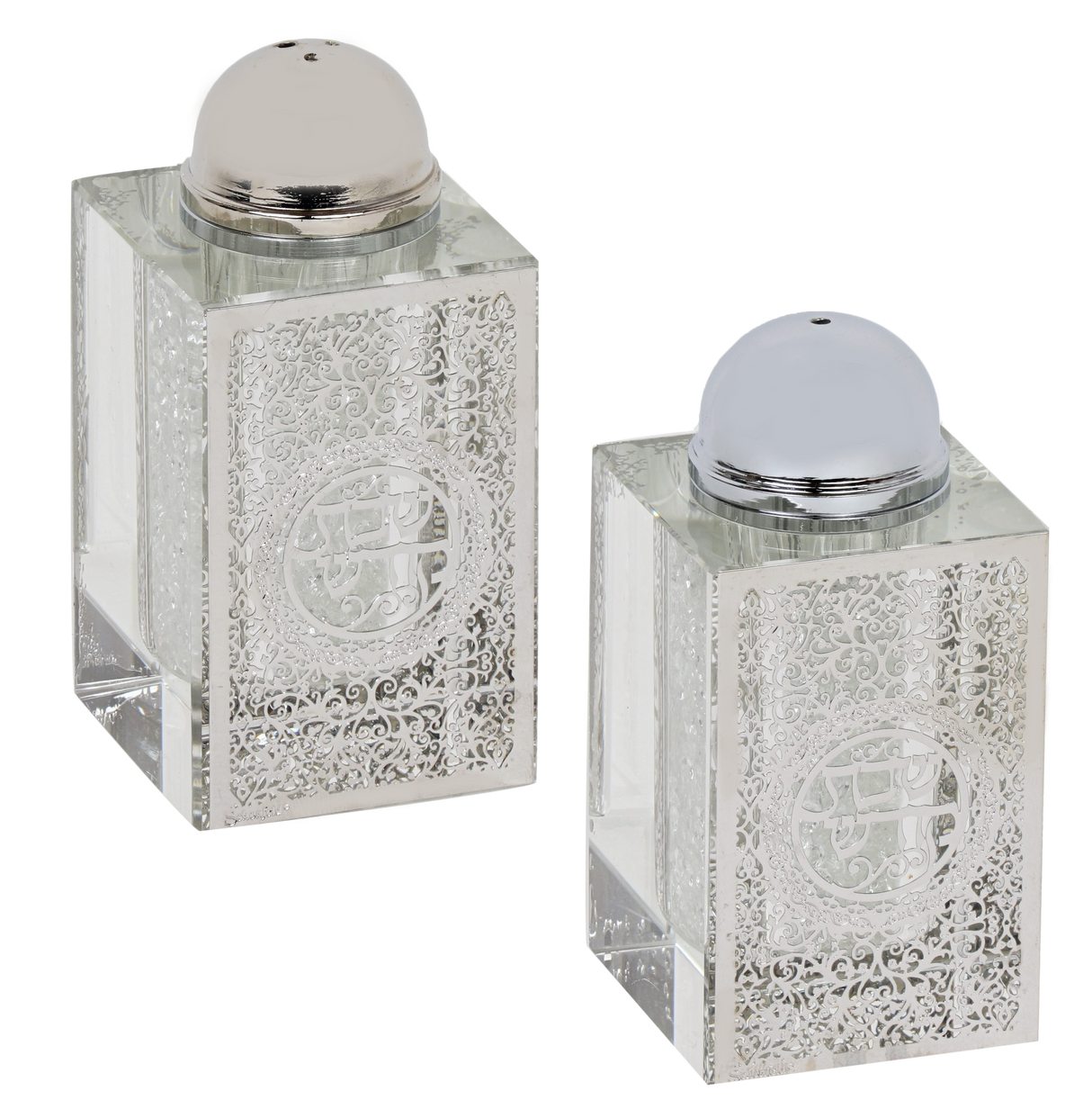 Crystal Salt And Pepper Shaker Set Broken Glass & Shabbat Kodesh Silver Design 3"H - LEHADAR