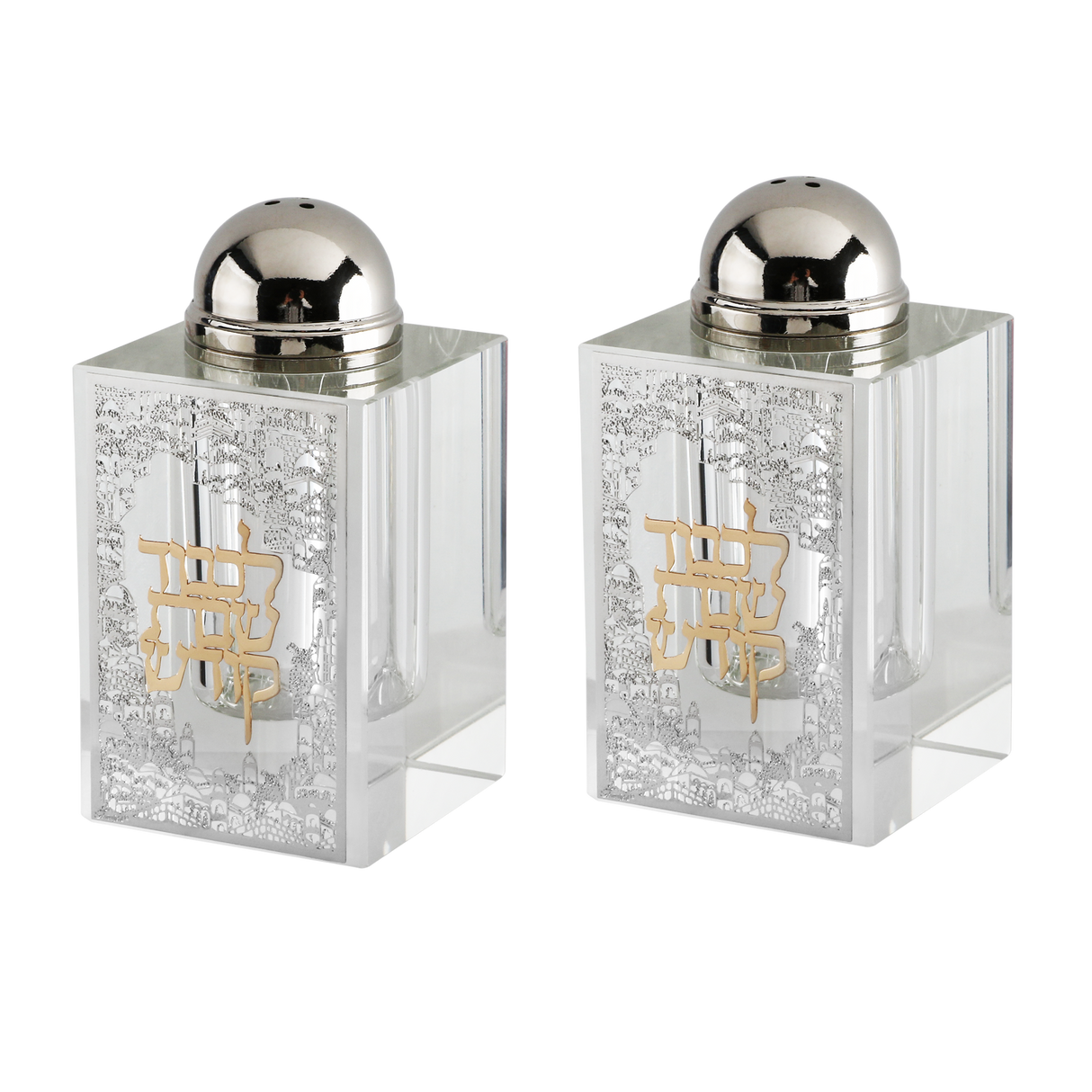 Crystal Salt & Pepper Set Silver Jerusalem with Gold Shabbat Kodesh 3"HX1.5" - LEHADAR