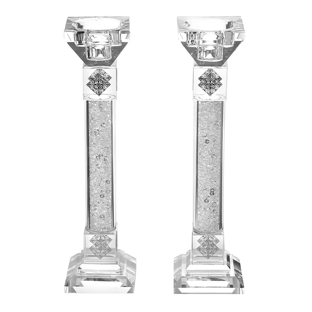 Crystal Candle Stick Set of 2 Silver Cubes Broken Glass 9.5" - LEHADAR