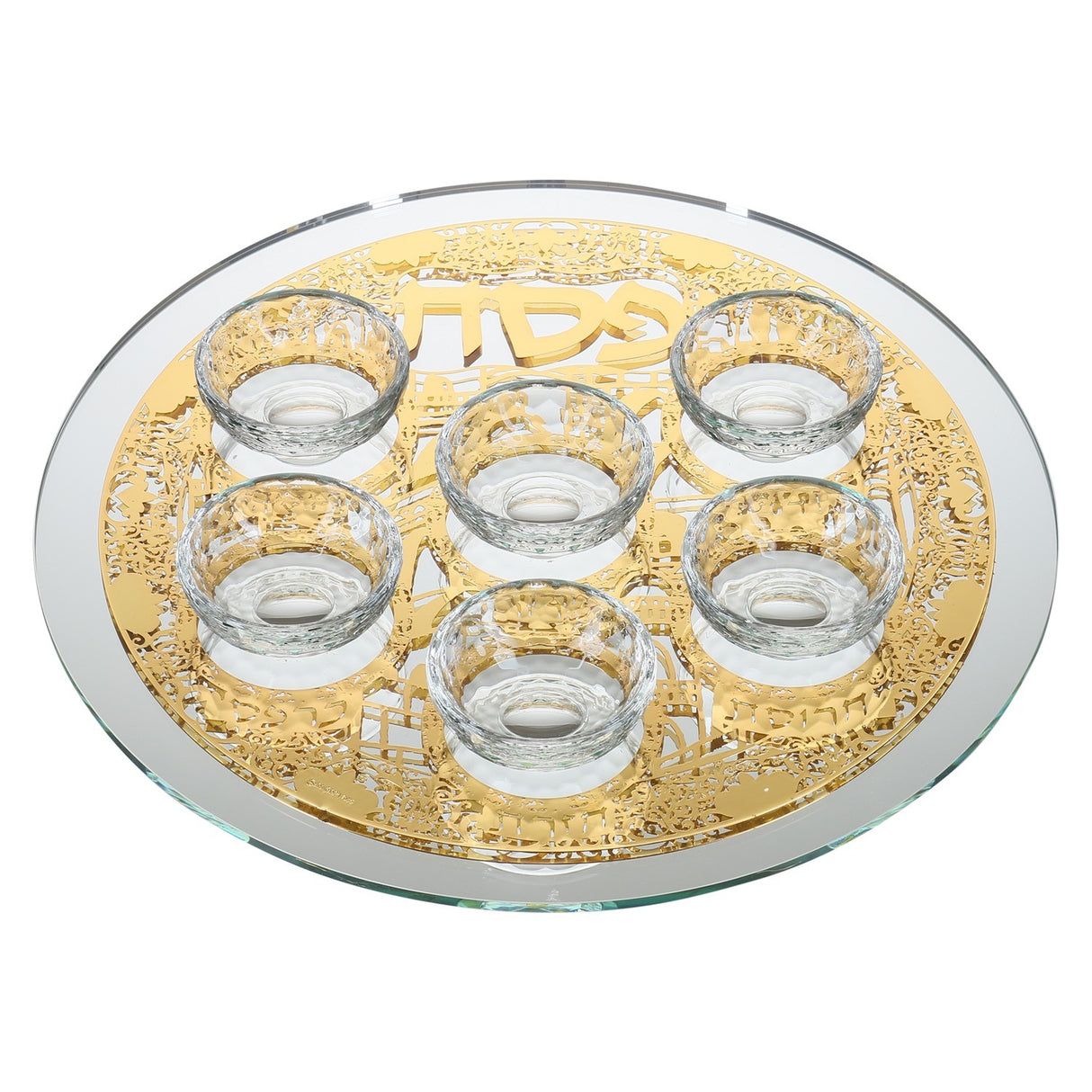 Mirror And Glass Seder Plate With Gold Jerusalem Plate - LEHADAR