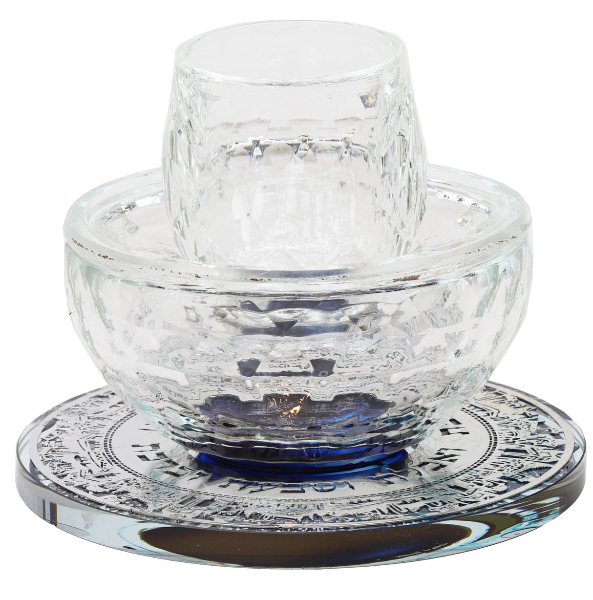Mayim Achronim With Silver Jerusalem Design Blue Tray 4"Hx4.5" - LEHADAR