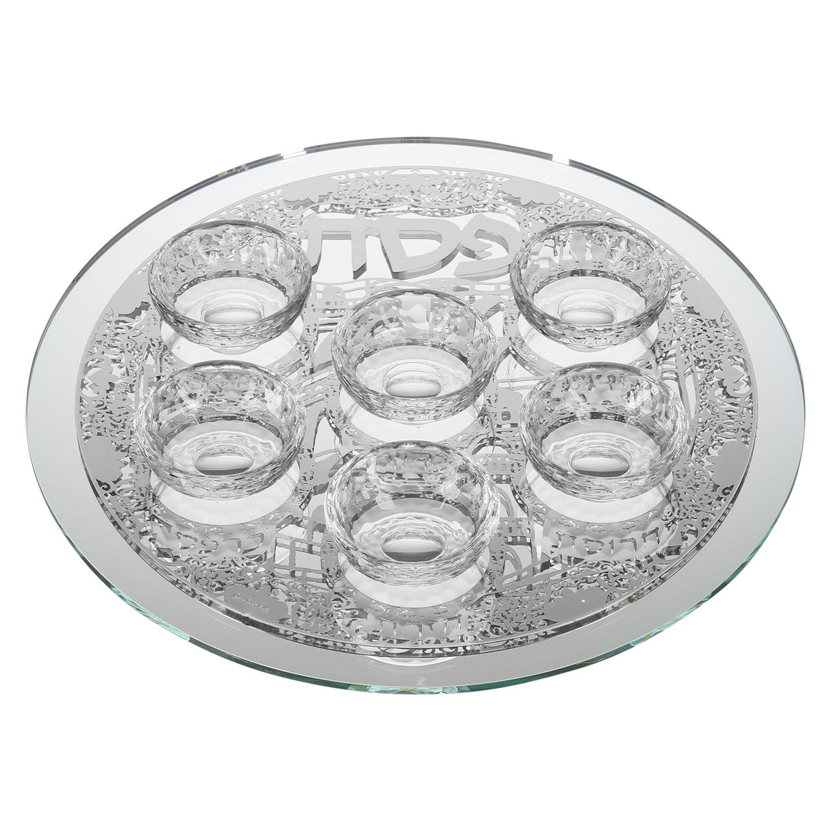 Mirror And Glass Seder Plate With Silver Jerusalem Plate - LEHADAR