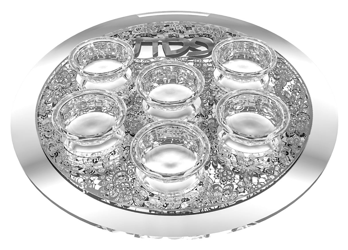 Mirror And Glass Seder Plate With Silver Floral Plate - LEHADAR