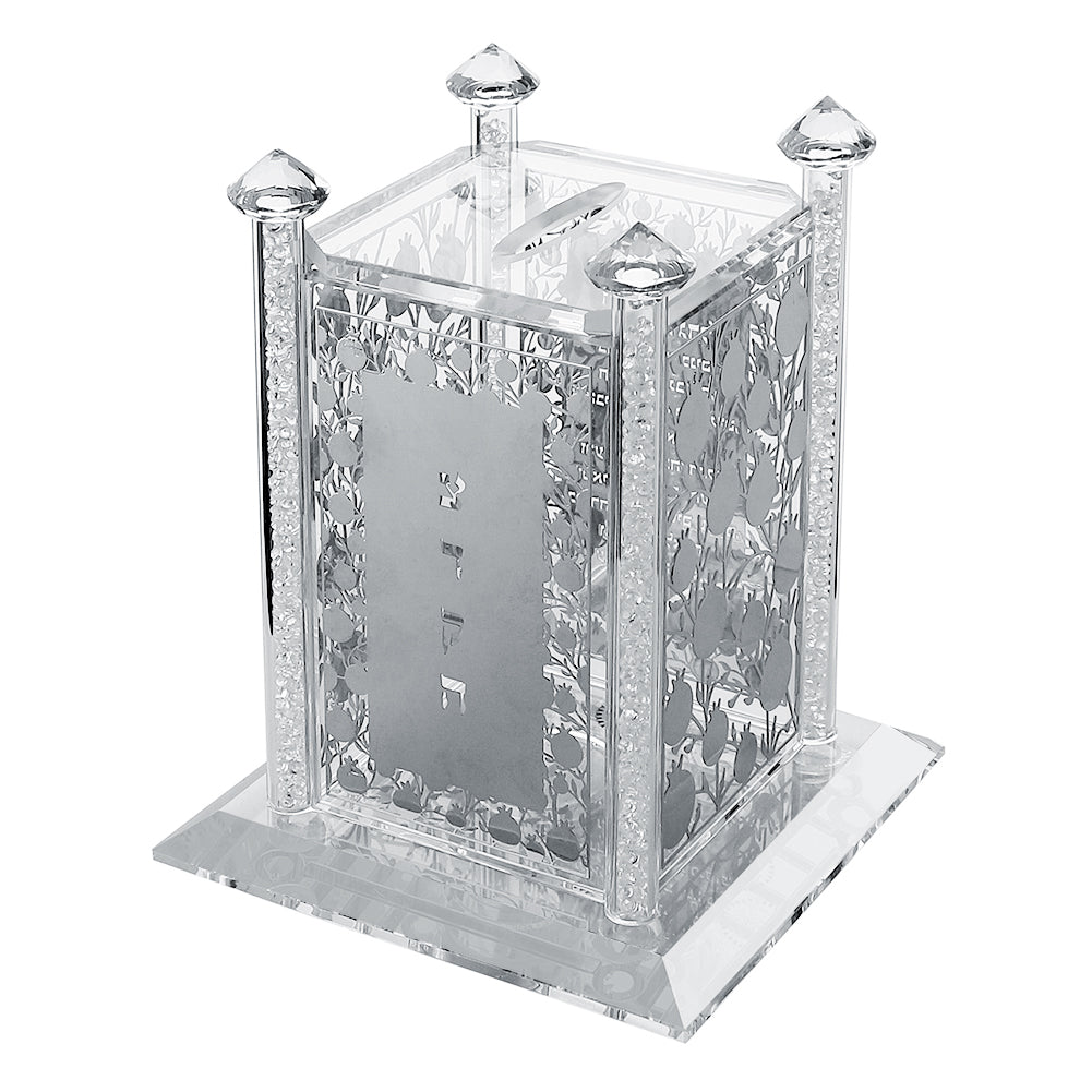 Tzedakah Pushka Crystal With Silver Plaques Tzedakah Pomegranate. Broken Glass 4 1/2 x 4 1/2 " - LEHADAR