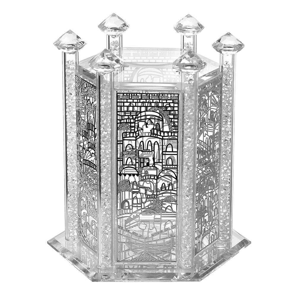 Crystal Tzedakah Box Octagon Jerusalem Silver Design 5.5"Hx4 - LEHADAR