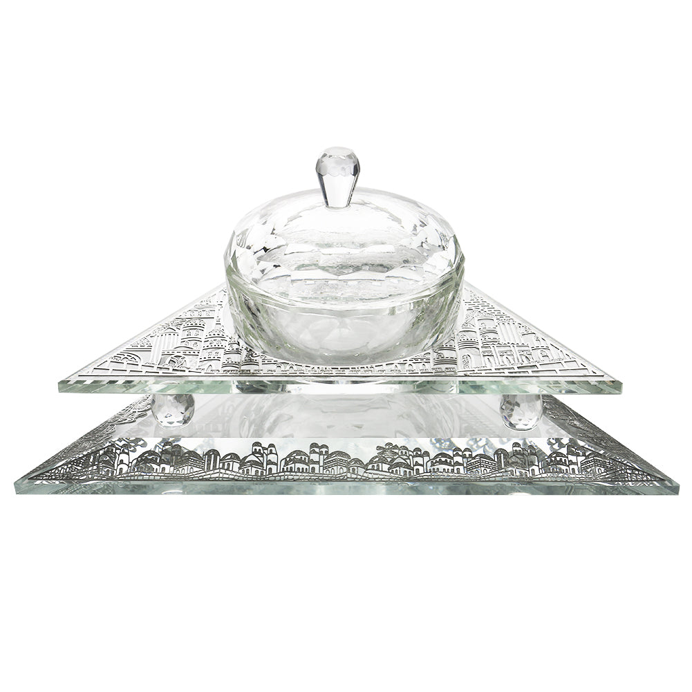 Crystal Honey Dish Triangle Shape With Jerusalem Silver 3 Pc 6 1/2x 5 1/2 w X1 1/2 H " - LEHADAR