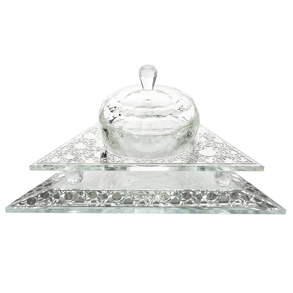 Crystal Honey Dish Triangle Shape With Pomegranate Silver 3 Pc 6 1/2x 5 1/2 w X1 1/2 H " - LEHADAR