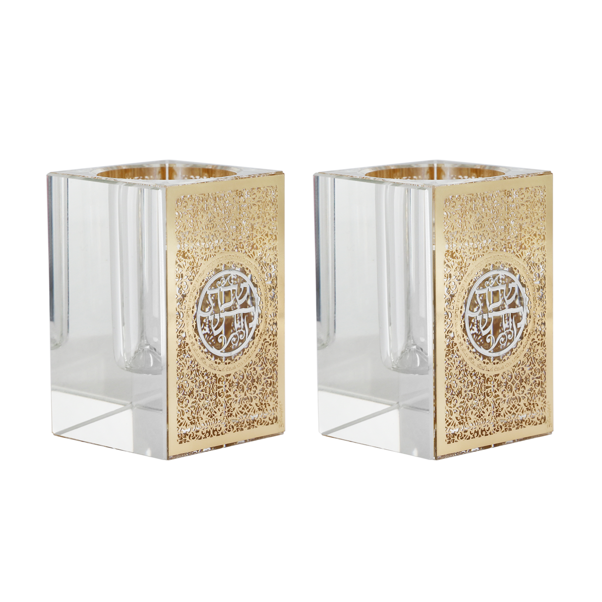 Crystal tea Light Holders With Gold Floral And Silver Shabbat Kodesh 3"Hx2x2" - LEHADAR