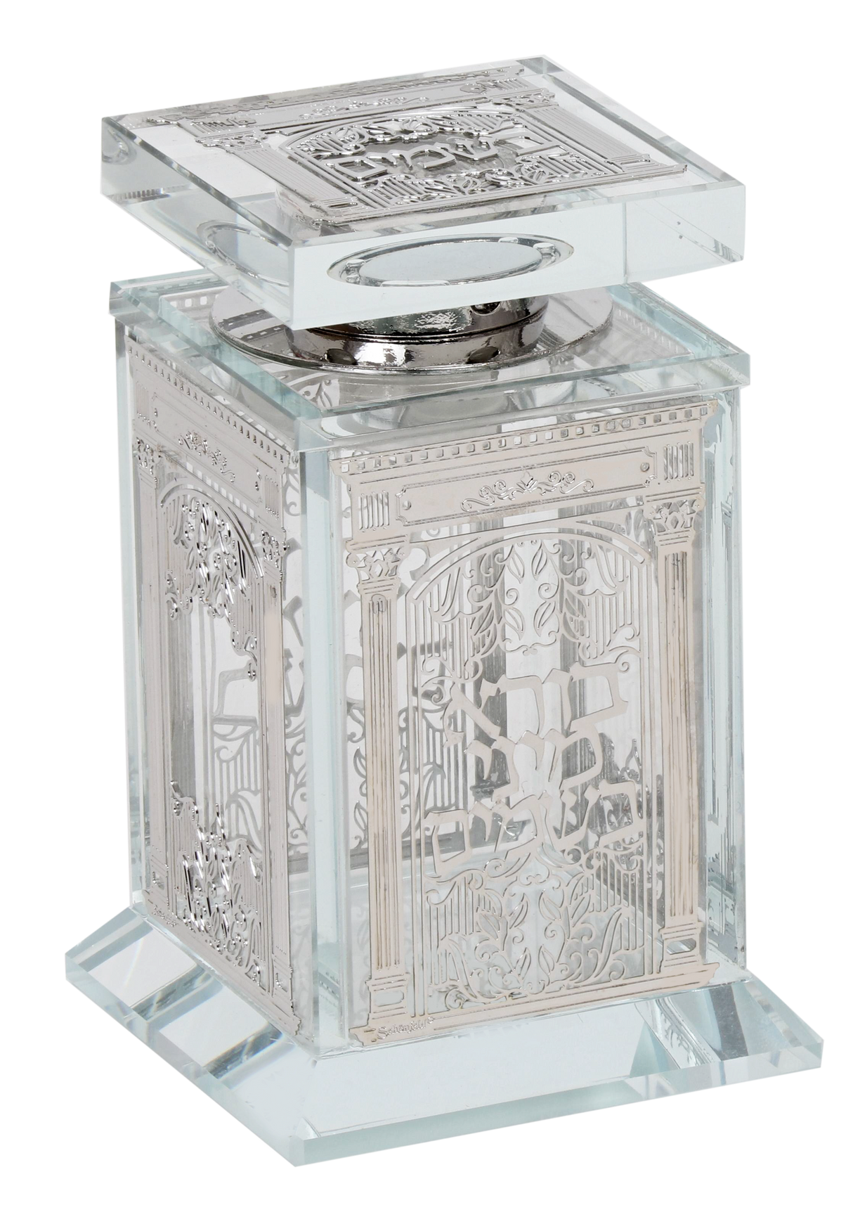 Crystal Besomim Holder With Silver Plate 2x2x4" - LEHADAR