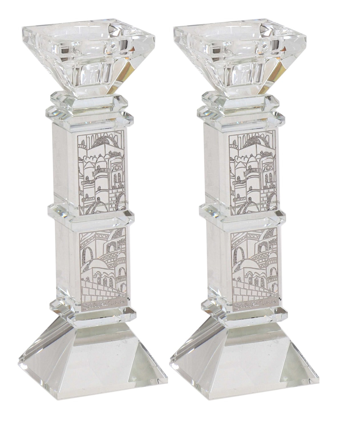 Crystal Candle Sticks Jerusalem Silver 7" - LEHADAR