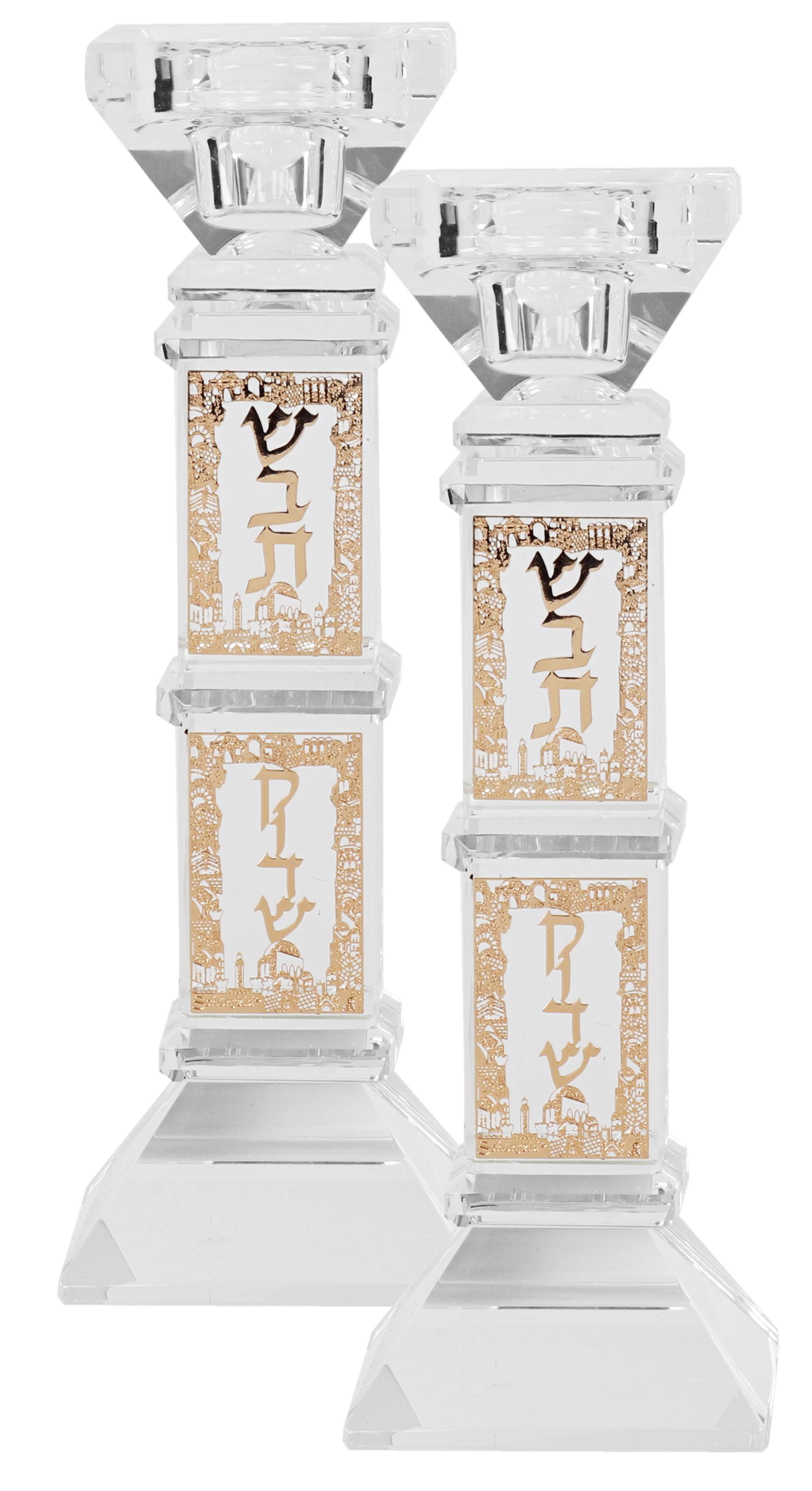 Crystal Candle Sticks Jerusalem Gold 7" - LEHADAR