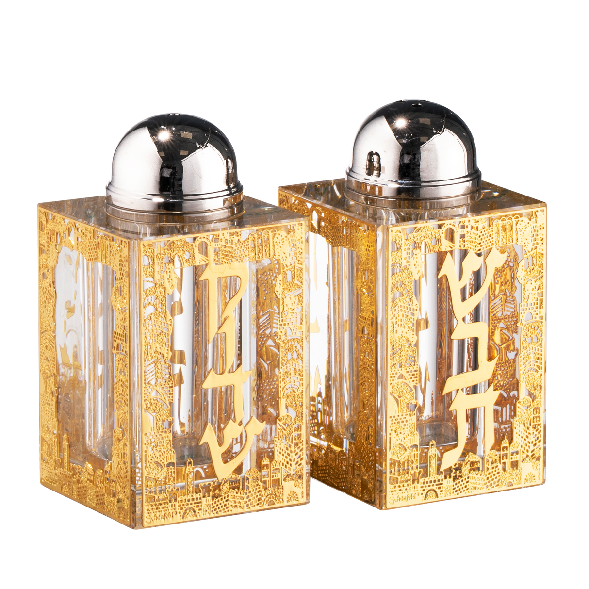 Salt And Pepper Set Gold Jerusalem Shabbat 3"HX1.5" - LEHADAR