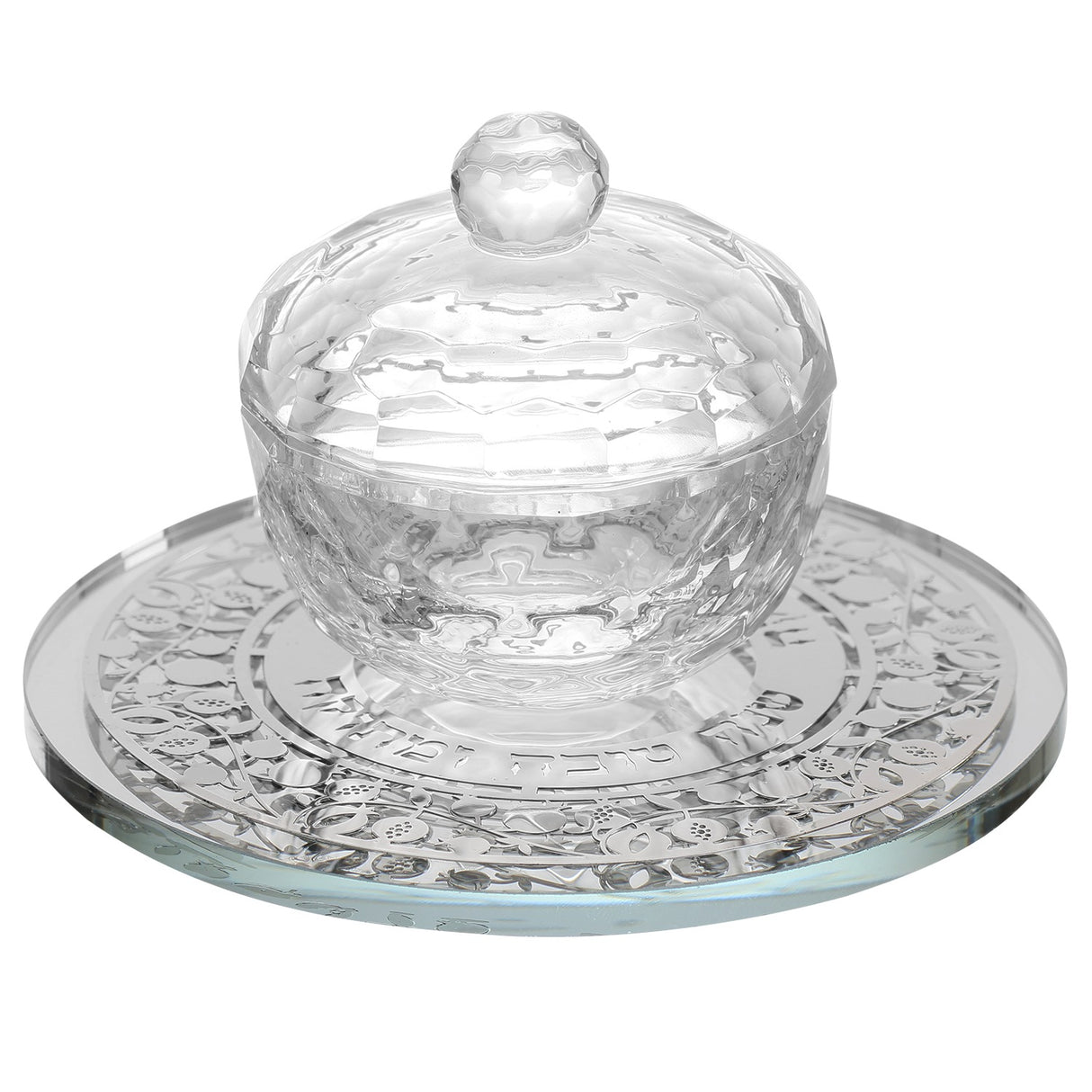 Crystal Honey Dish With Pomegranate Silver 3 Pc 5x3" - LEHADAR