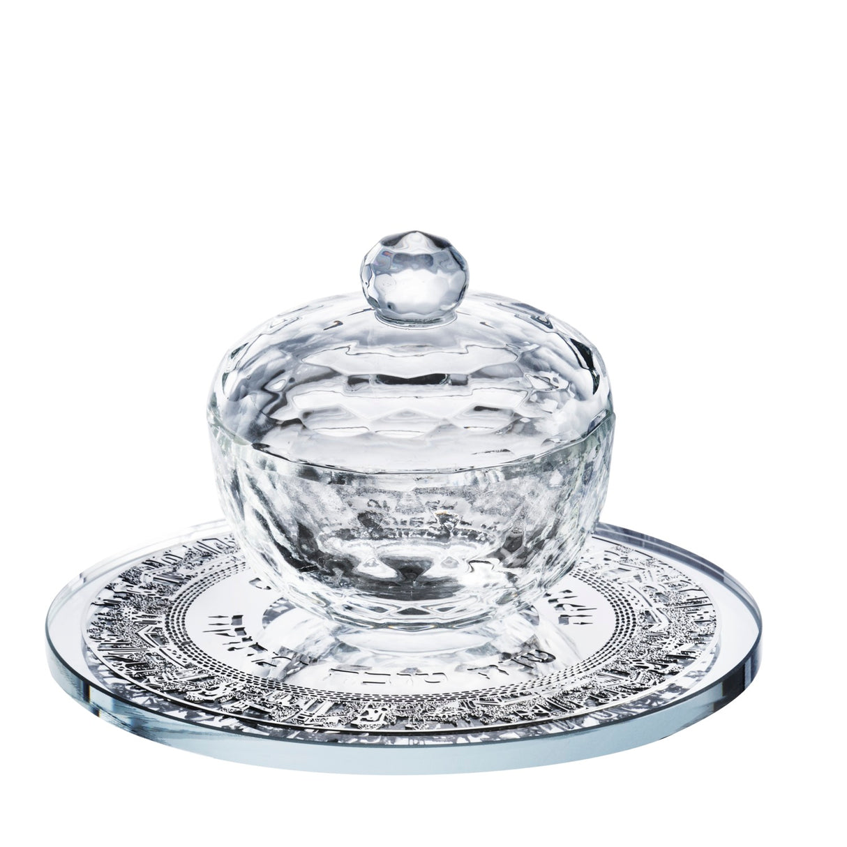 Crystal Honey Dish With Jerusalem Silver 3 Pc 5x3" - LEHADAR