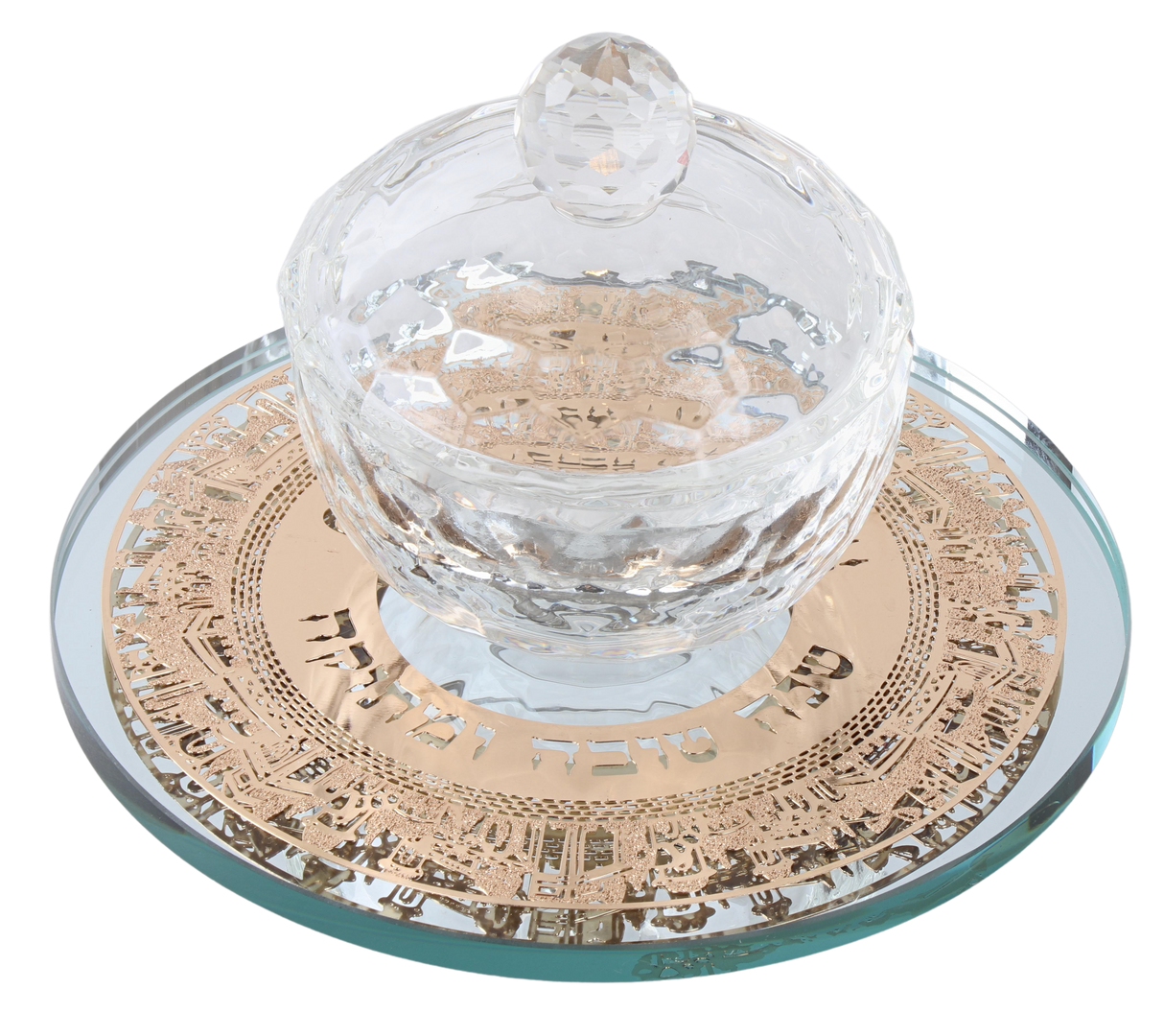 Crystal Honey Dish with Mirror Tray and Gold "Shana Tova" Jerusalem Plate - LEHADAR