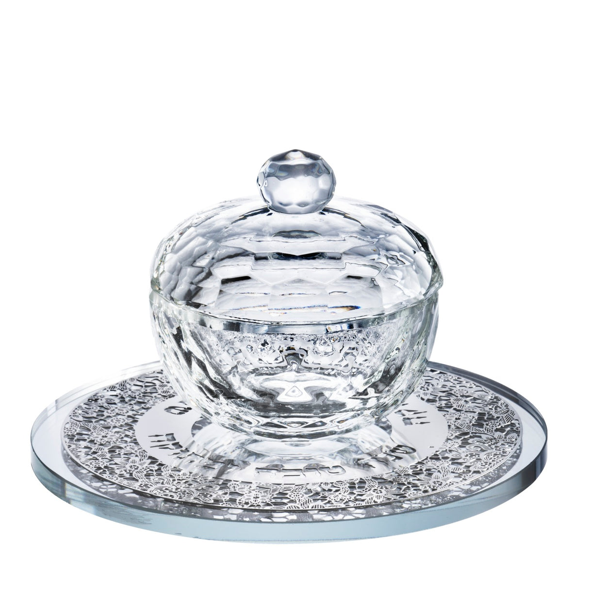 Crystal Honey Dish With Floral Silver 3 Pc 5x3" - LEHADAR