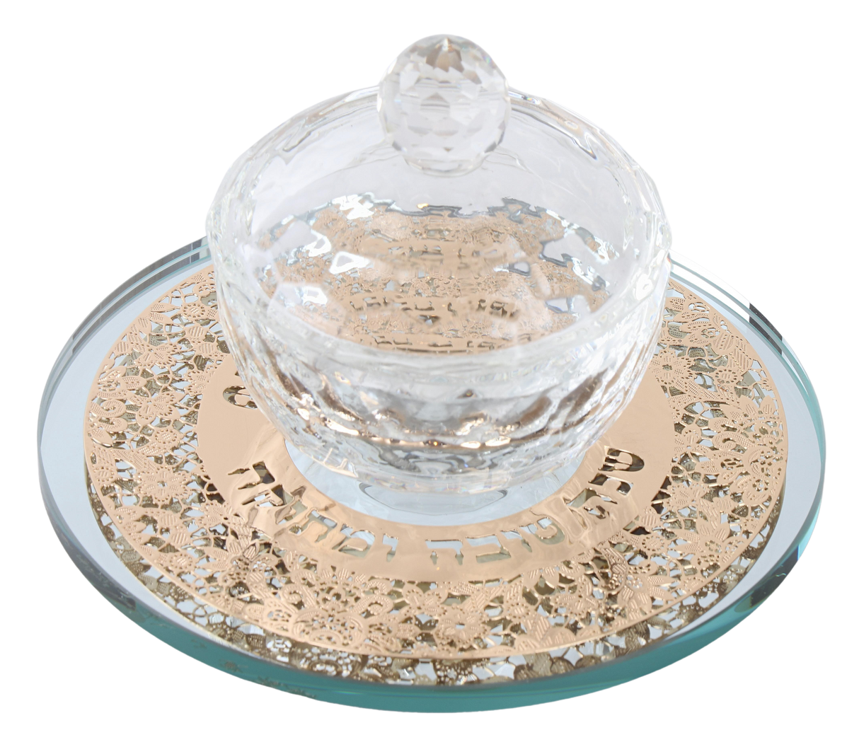 Crystal Honey Dish with Mirror Tray and Gold "Shana Tova" Floral Plate - LEHADAR