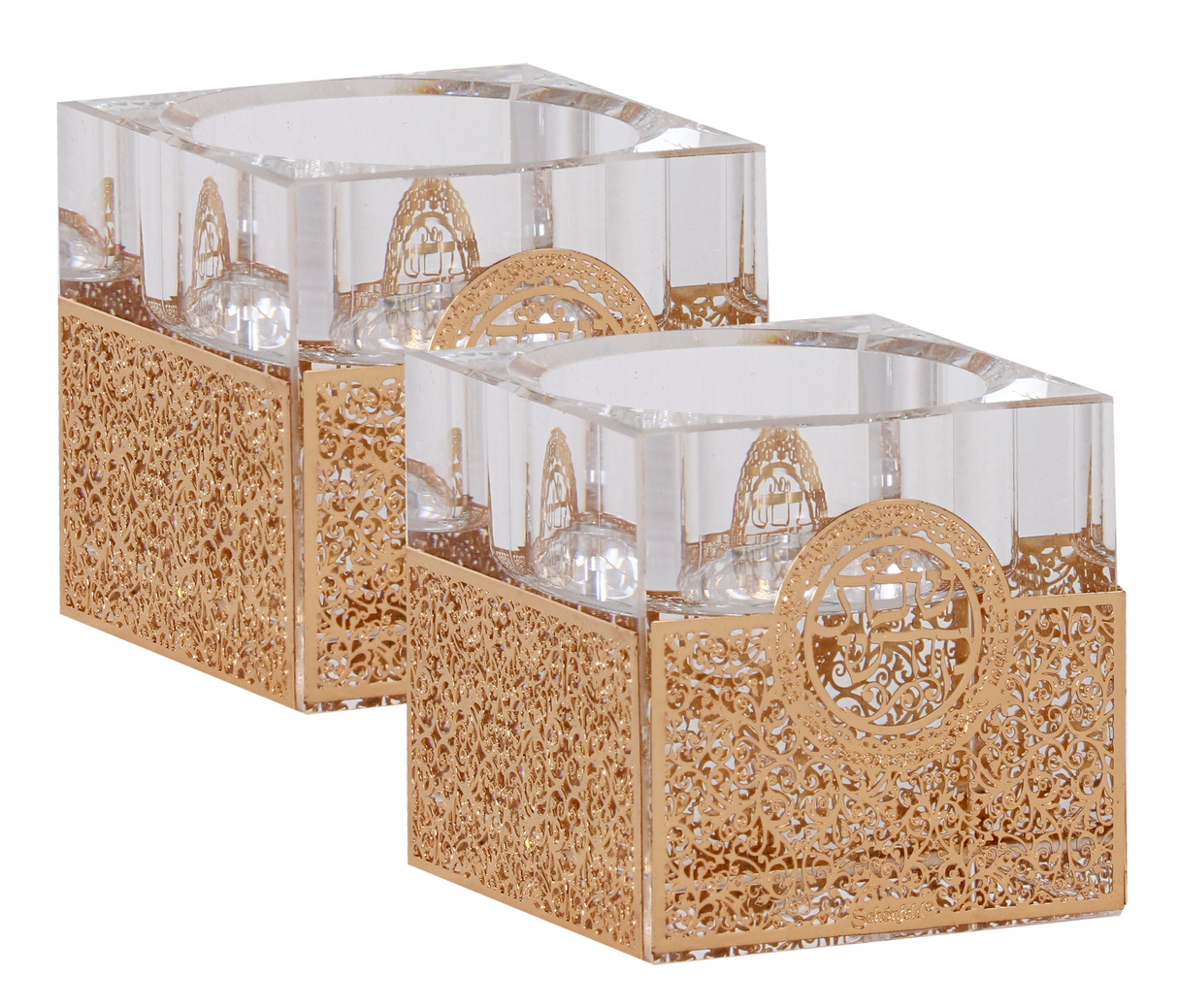 Crystal And Cold Floral Tealight Candlesticks 2x2" - LEHADAR