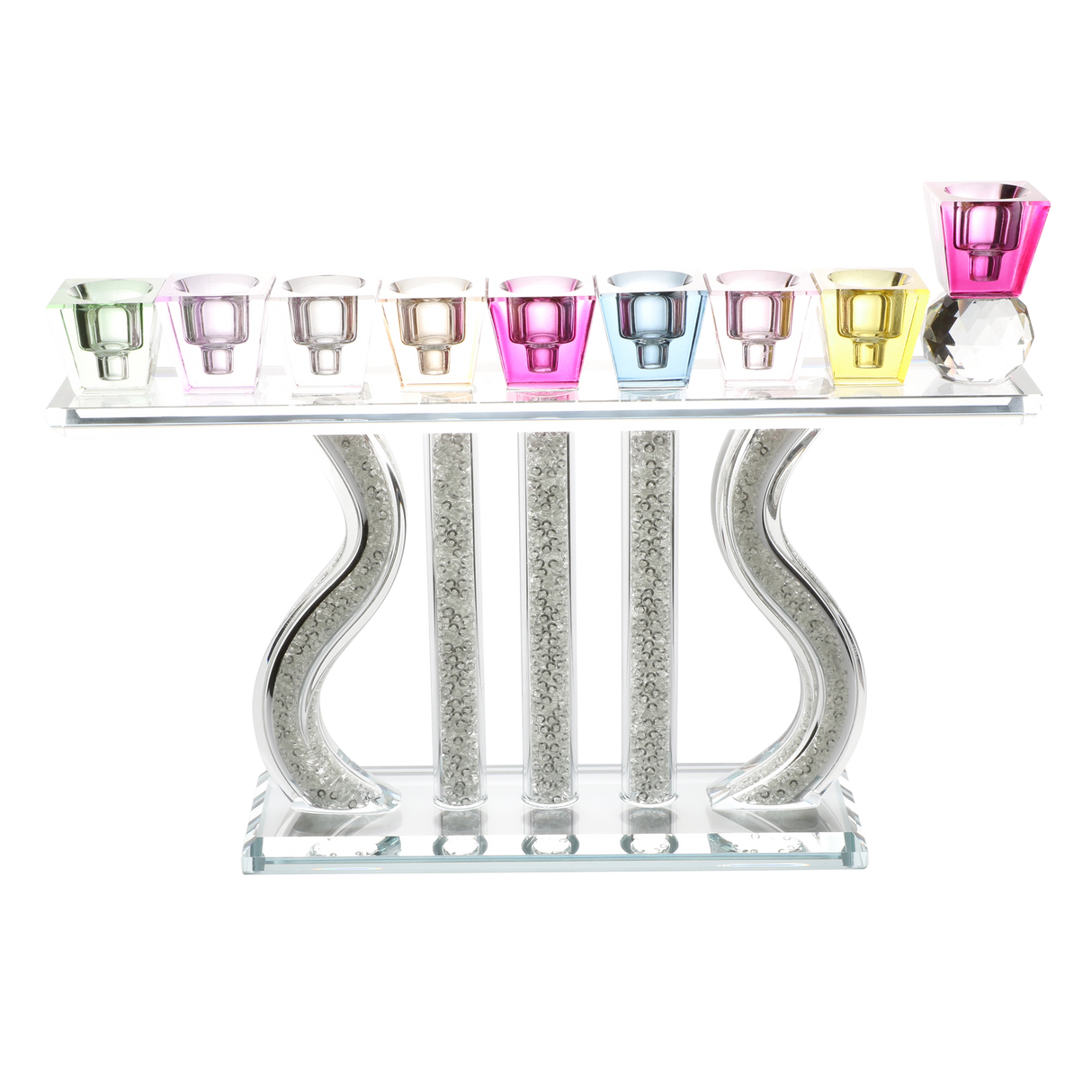 Crystal Menorah with Colored Tops & Stones 7"Hx10.5"W - LEHADAR