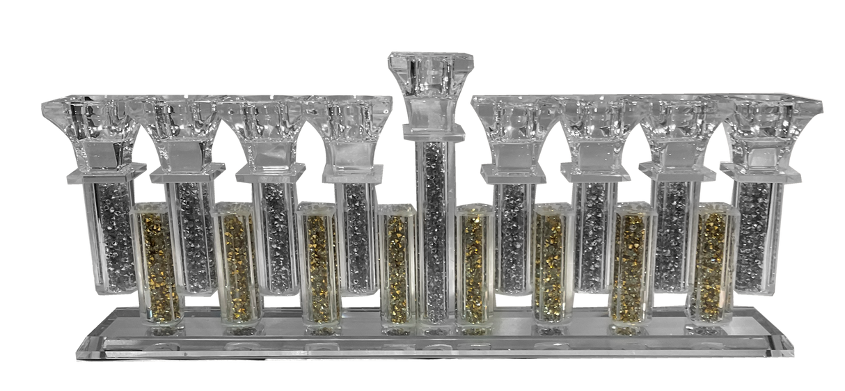 Crystal Menorah Gold And Silver Crystals 13.5 x5.5" - LEHADAR