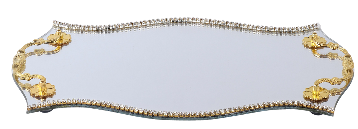 Mirror Tray Circular Shape Gold Handles Crystals - LEHADAR
