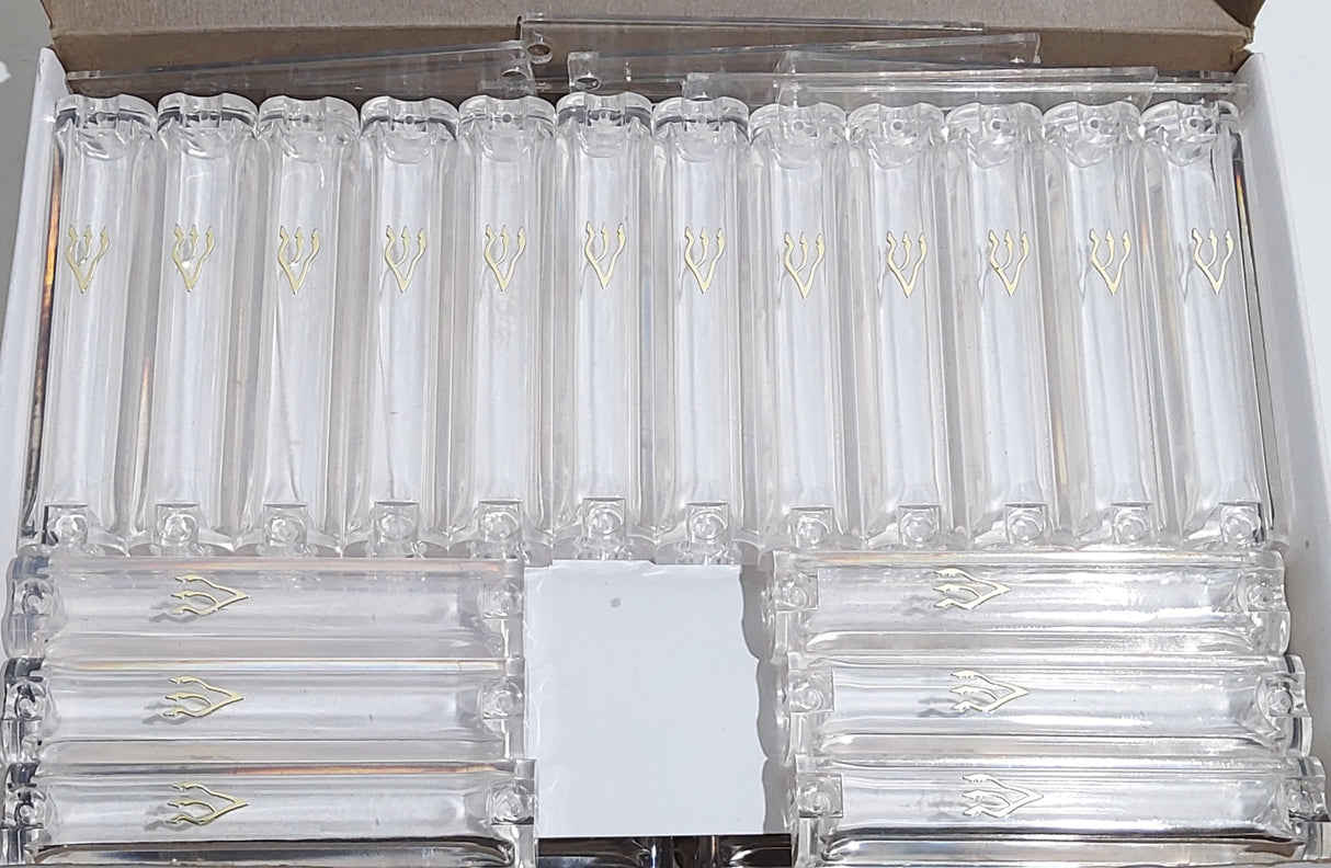 Case of 36 Clear Plastic Mezuzah Covers-Gold 'Shin 7 Cm - LEHADAR