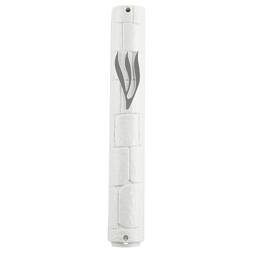 Plastic Mezuzah With Rubber Cork 15 Cm- "The Kotel" White With Slv Shin - LEHADAR