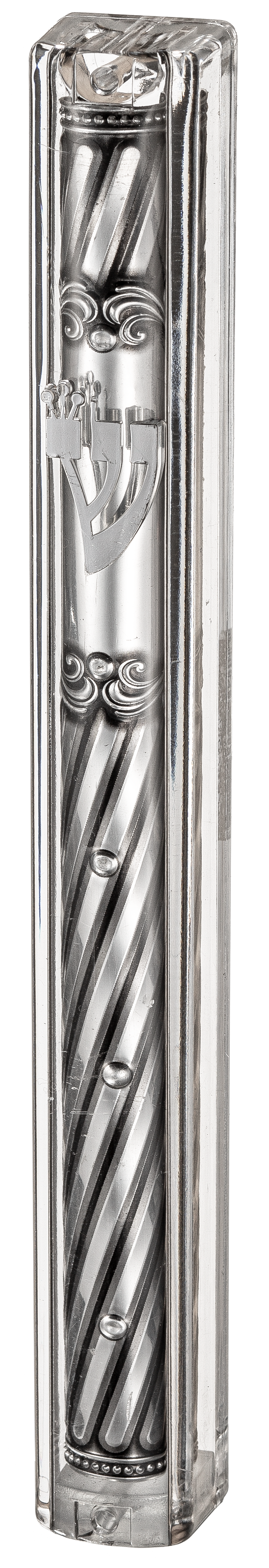 Transparent Plastic Mezuzah with Rubber Cork 15 cm- with the letter Shin and Plaque - LEHADAR