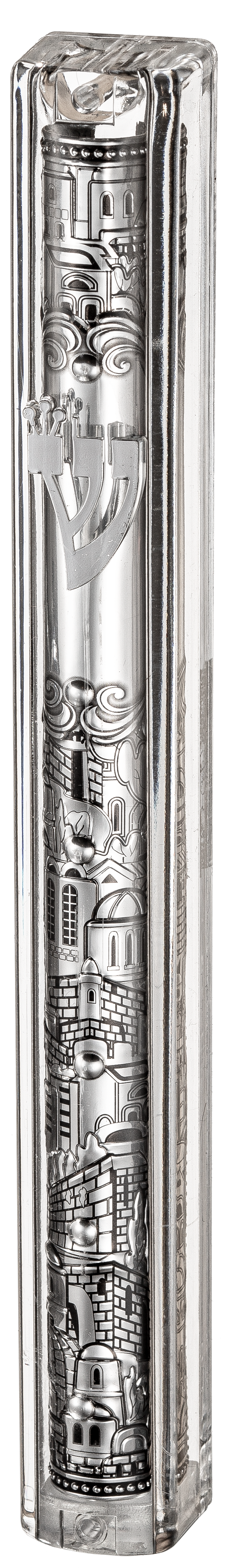 Transparent Plastic Mezuzah With Rubber Cork With The Letter Shin And Plaque - LEHADAR