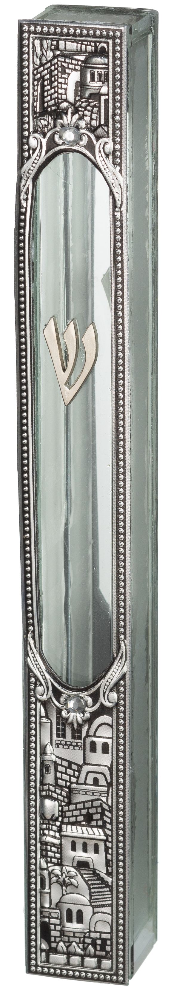 Glass Mezuzah with Jerusalem Metal Plaque - LEHADAR