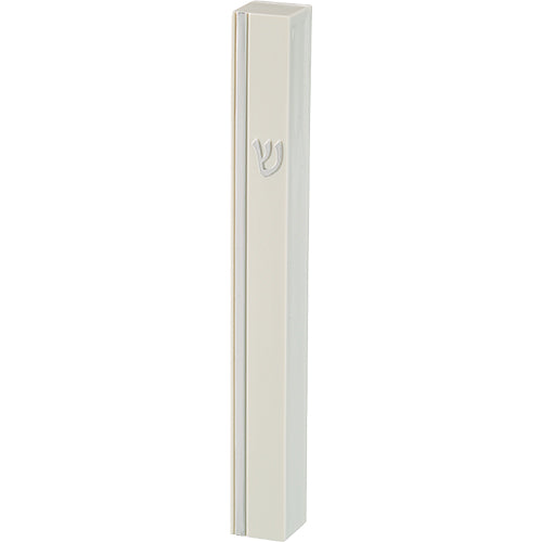 White Plastic Mezuzah 15 cm - Silver SHIN & Stripe with Rubber Cork - LEHADAR