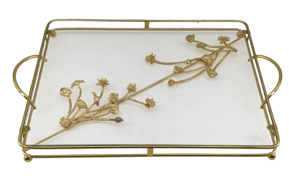 Glass Tray With gold Flowers 20 x13" - LEHADAR