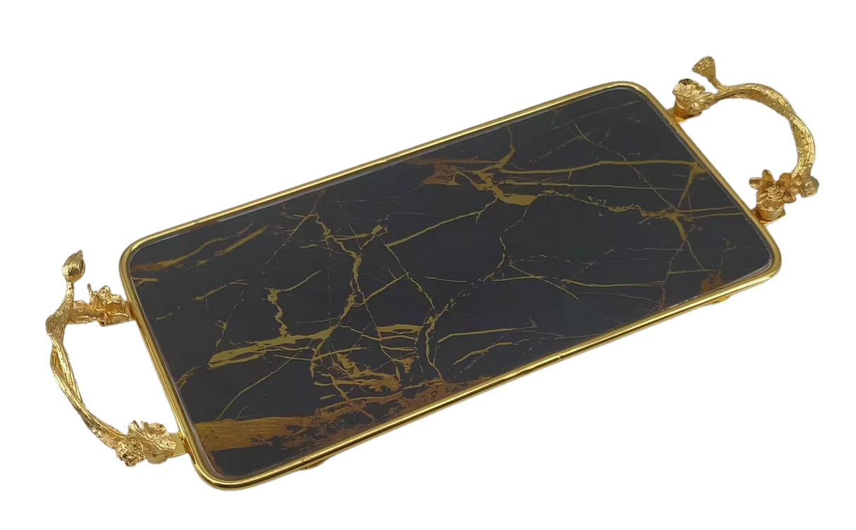 Rectangle Black & Gold Glass Marble Tray 15"x30" - LEHADAR