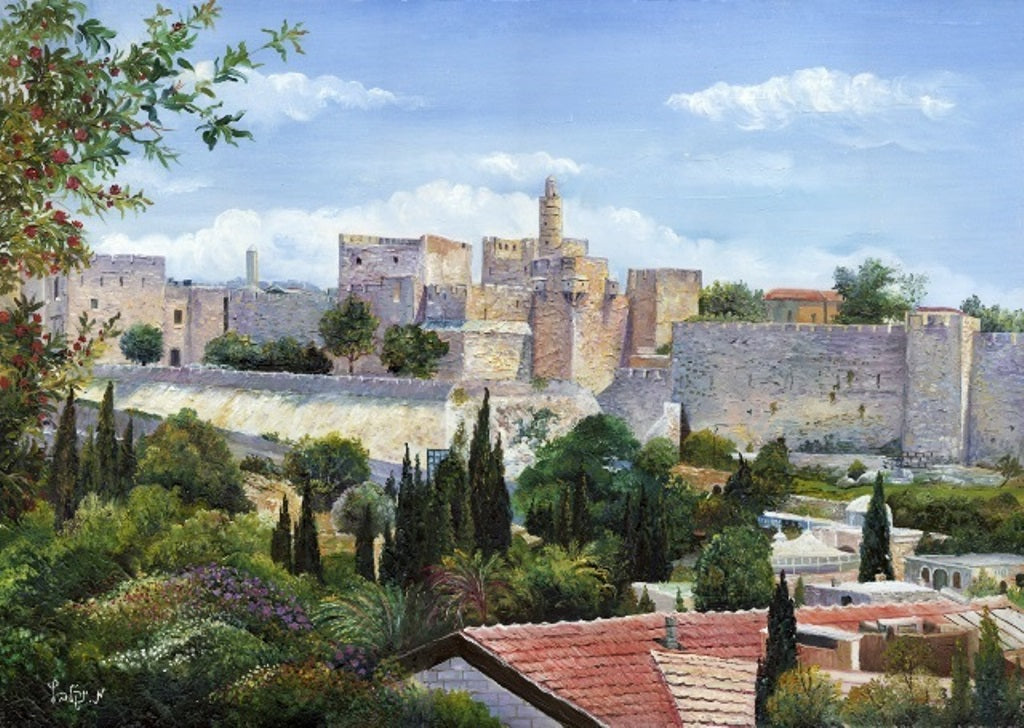 Sukkah Mural Decoration X Large Fabric' Jerusalem Wall' print 4'7X 10 - LEHADAR