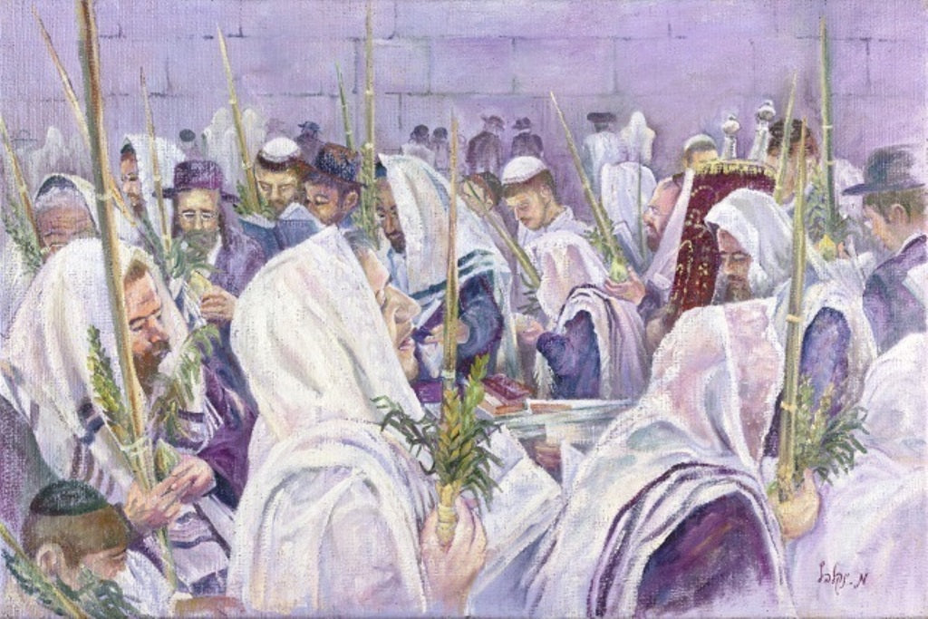 Sukkah Mural Decoration X Large Fabric' Hakafoth At The Kotel' print 4'7X 10 - LEHADAR