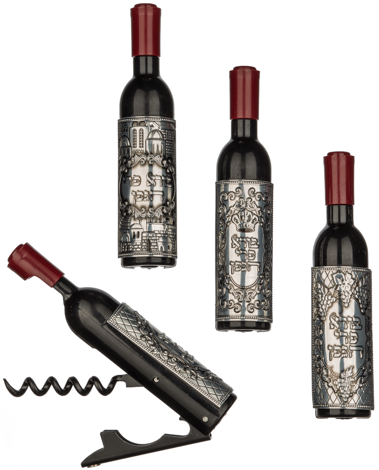 Wine Bottle Shape Cork Opener With Shabbos Silver Plate - LEHADAR
