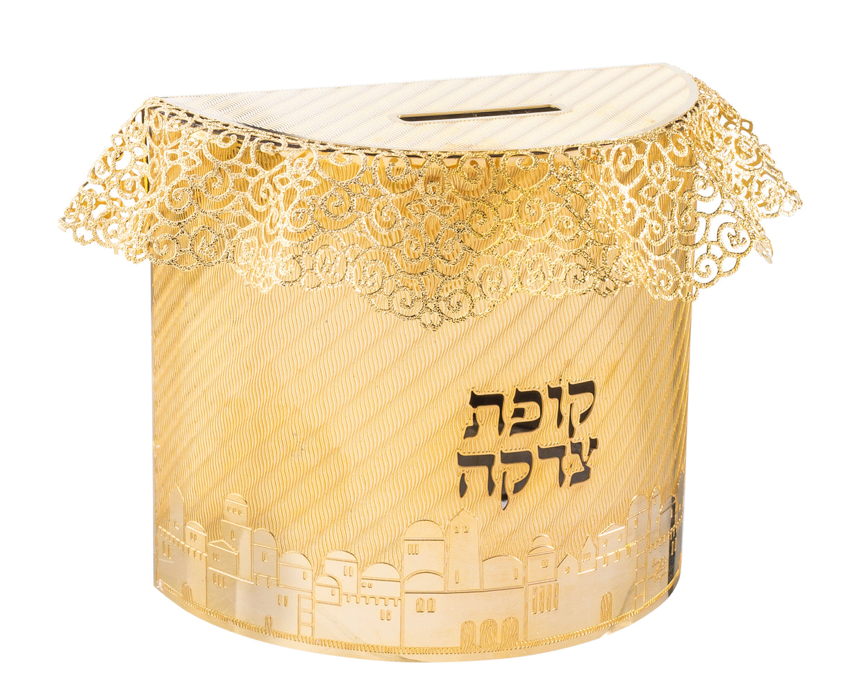 Tzedakah Box Round Shape 24 k gold p 4x4x2" 1/8x 1 5/8 " - LEHADAR