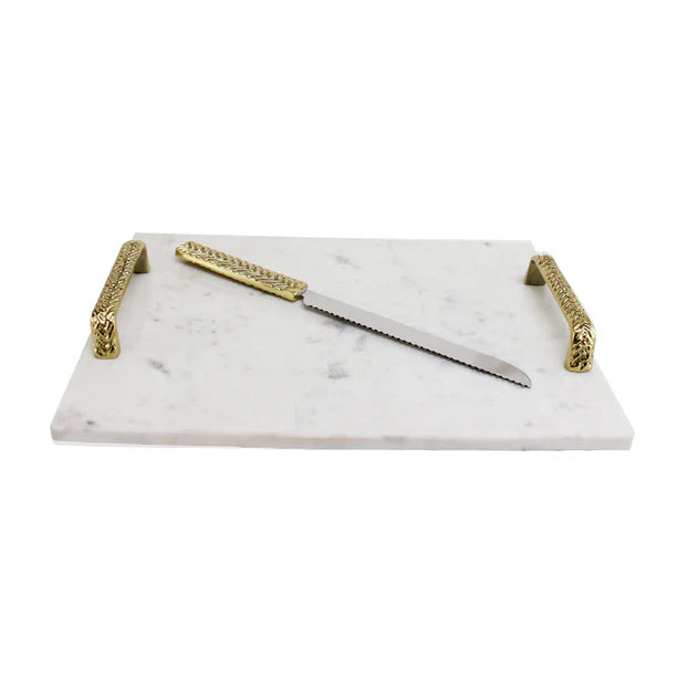 Marble Challah Board with Braided Gold Handles and Coordinating Knife - LEHADAR