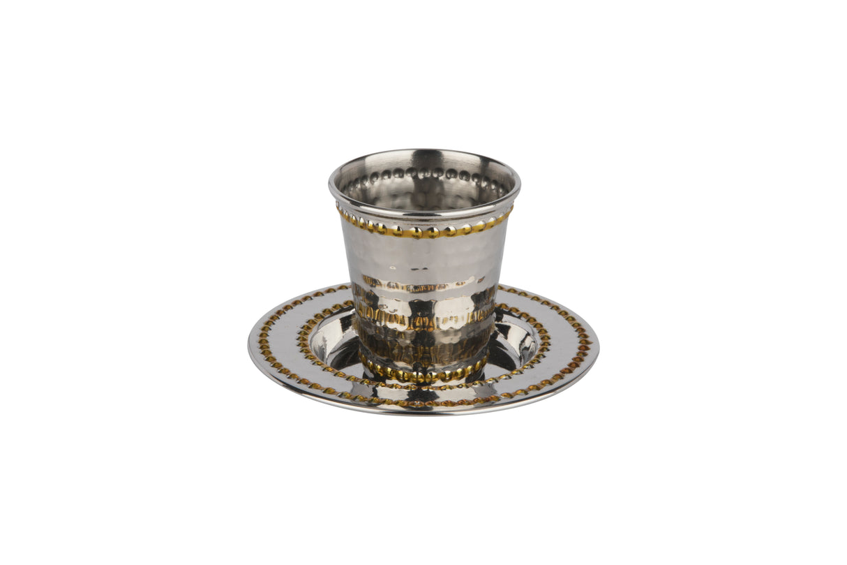 SMALL Stainless Steel Kiddush Cup Set Hammered Gold Beaded 2.5" - LEHADAR