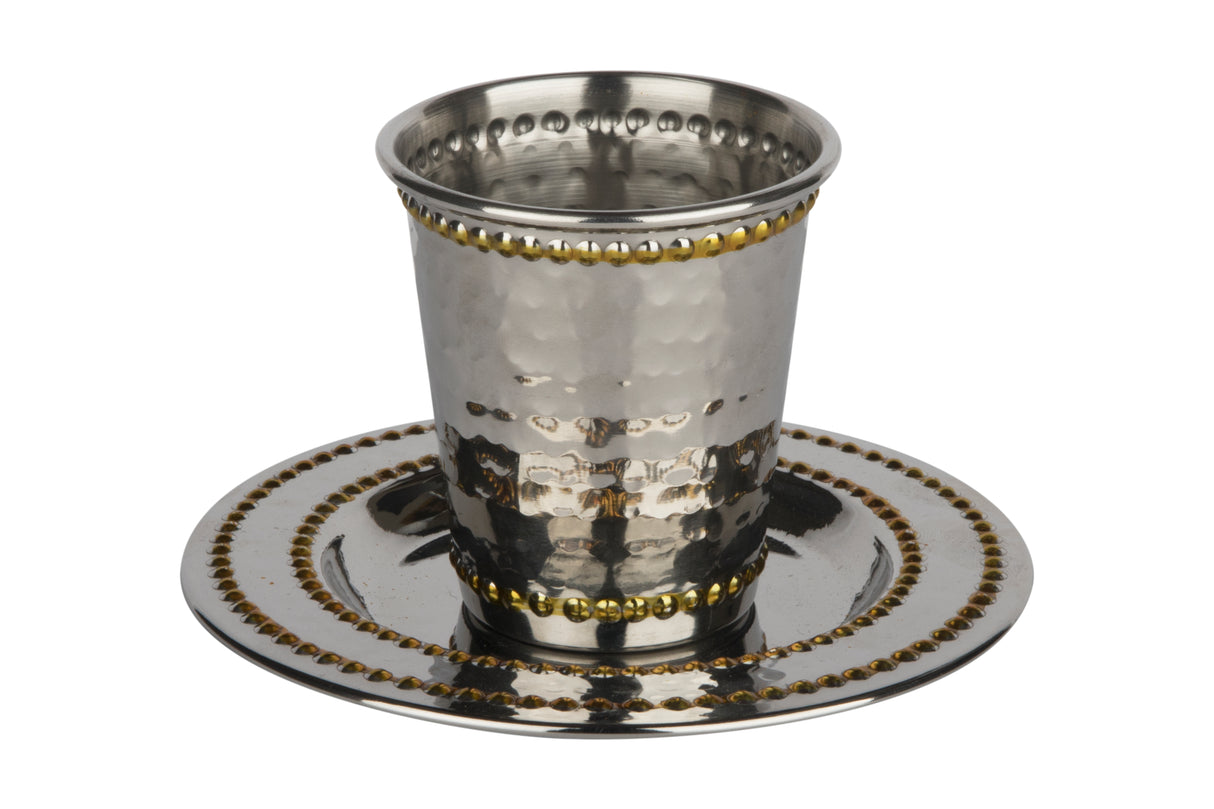 Stainless Steel Kiddush Cup Set Hammered Gold Beaded 3" - LEHADAR