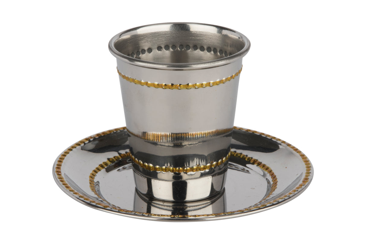 Stainless Steel Kiddush Cup Set Shinny Gold Beaded 3" - LEHADAR