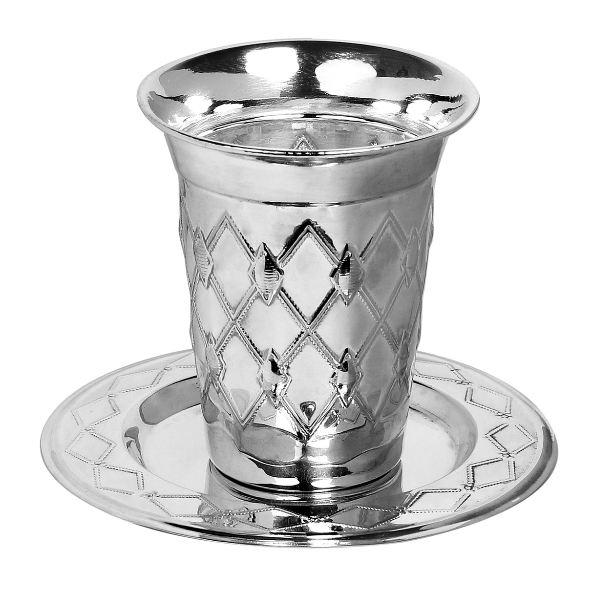 Silver Plated Kiddush Cup Set Cup 3" Plate 5" Diamond Design (5 oz 150 ml) - LEHADAR