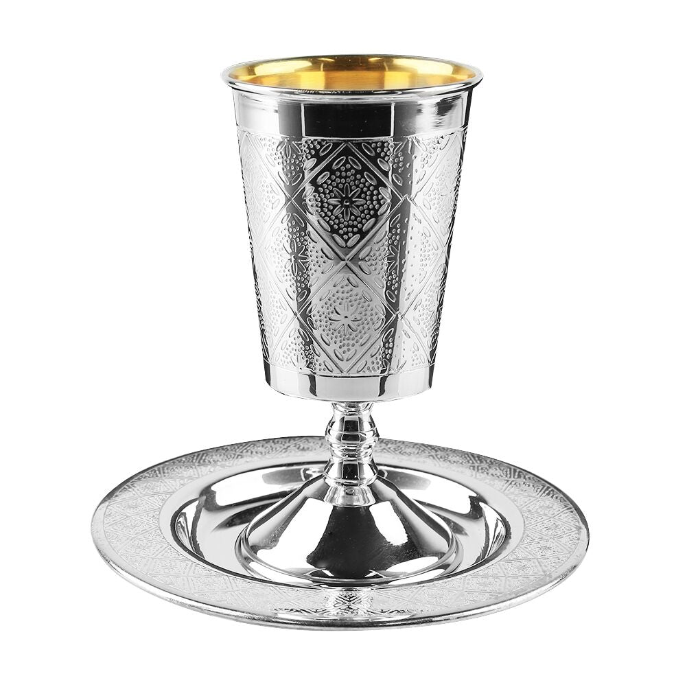 Kiddush Cup Set Diamond Design 925 Silver Coated - With Leg 5" - LEHADAR