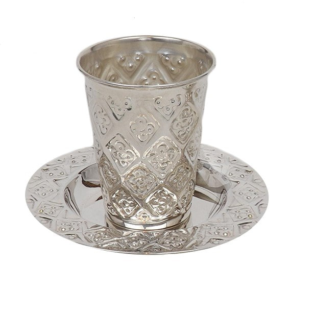 Kiddush Cup Set Diamond Design 925 Silver Coated (5.5 oz 165 ml) - LEHADAR