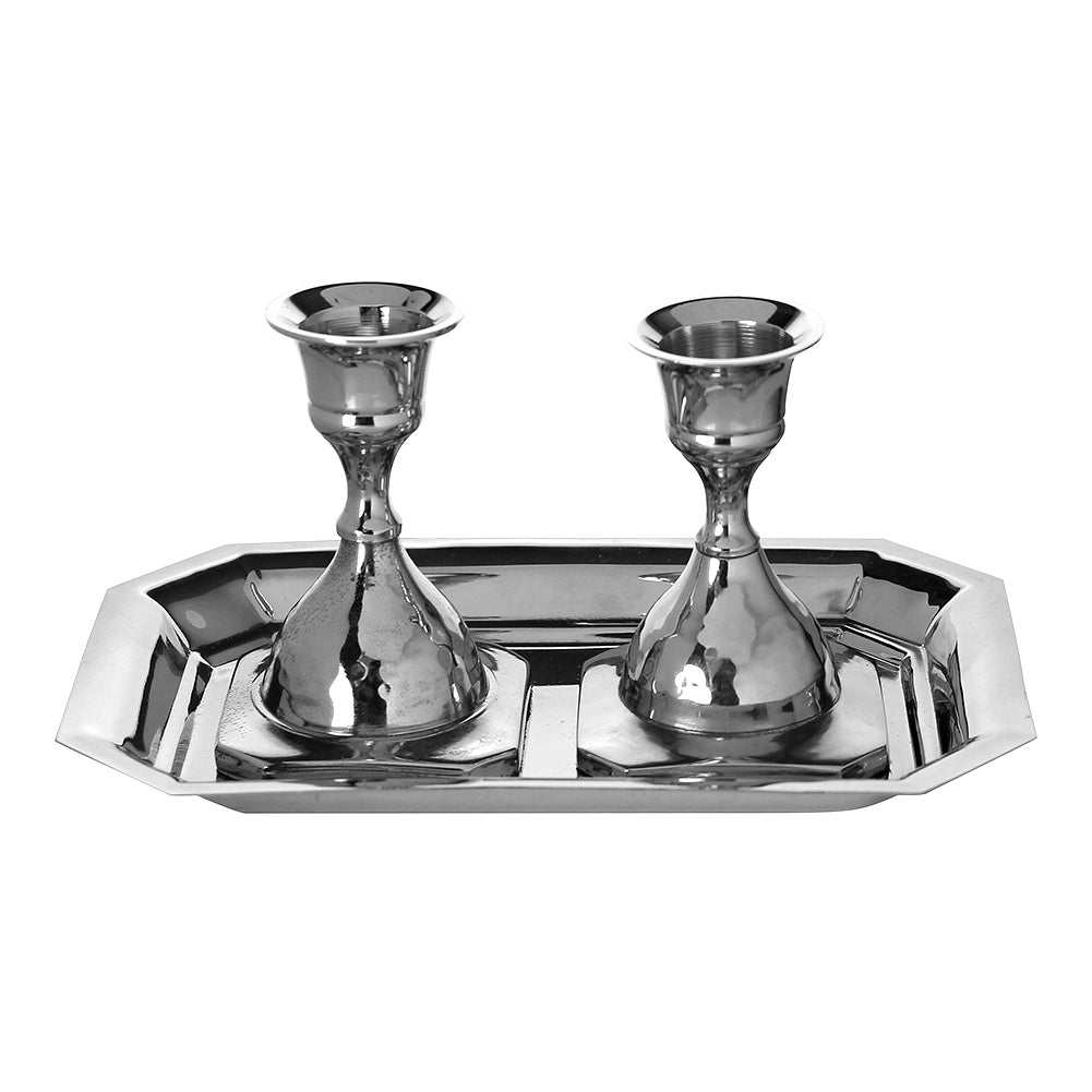 Candle Stick Set of 2 With Tray Nickel Plated 3" - LEHADAR