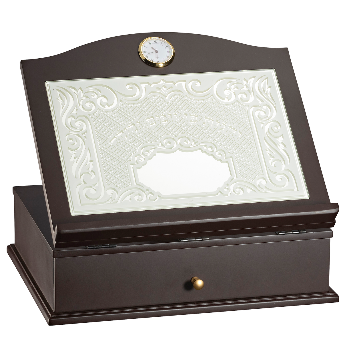 Mahogany Table Shtender With Mirror Designed Top And Drawer W Gold Clock 14.5x12x5.5." - LEHADAR