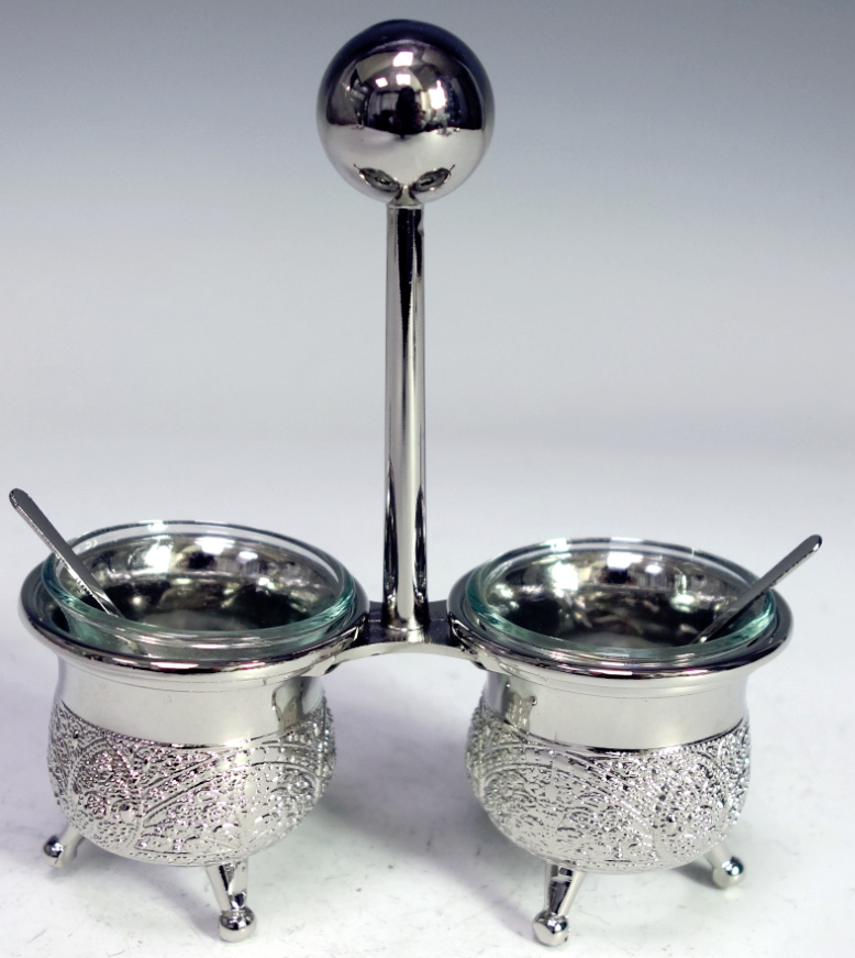 Salt Holder Filigree Design w Spoons Silver Plated ` - LEHADAR