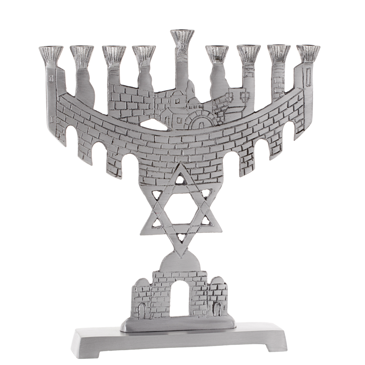 Menorah Standing With Jerusalem Aluminum Matt 9" - LEHADAR