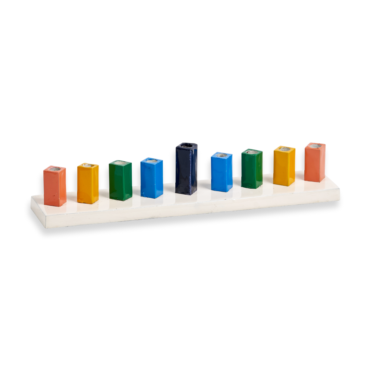Strip Menorah Enamel Finish Rainbow Colors 9/14 x 2 x 2" - LEHADAR